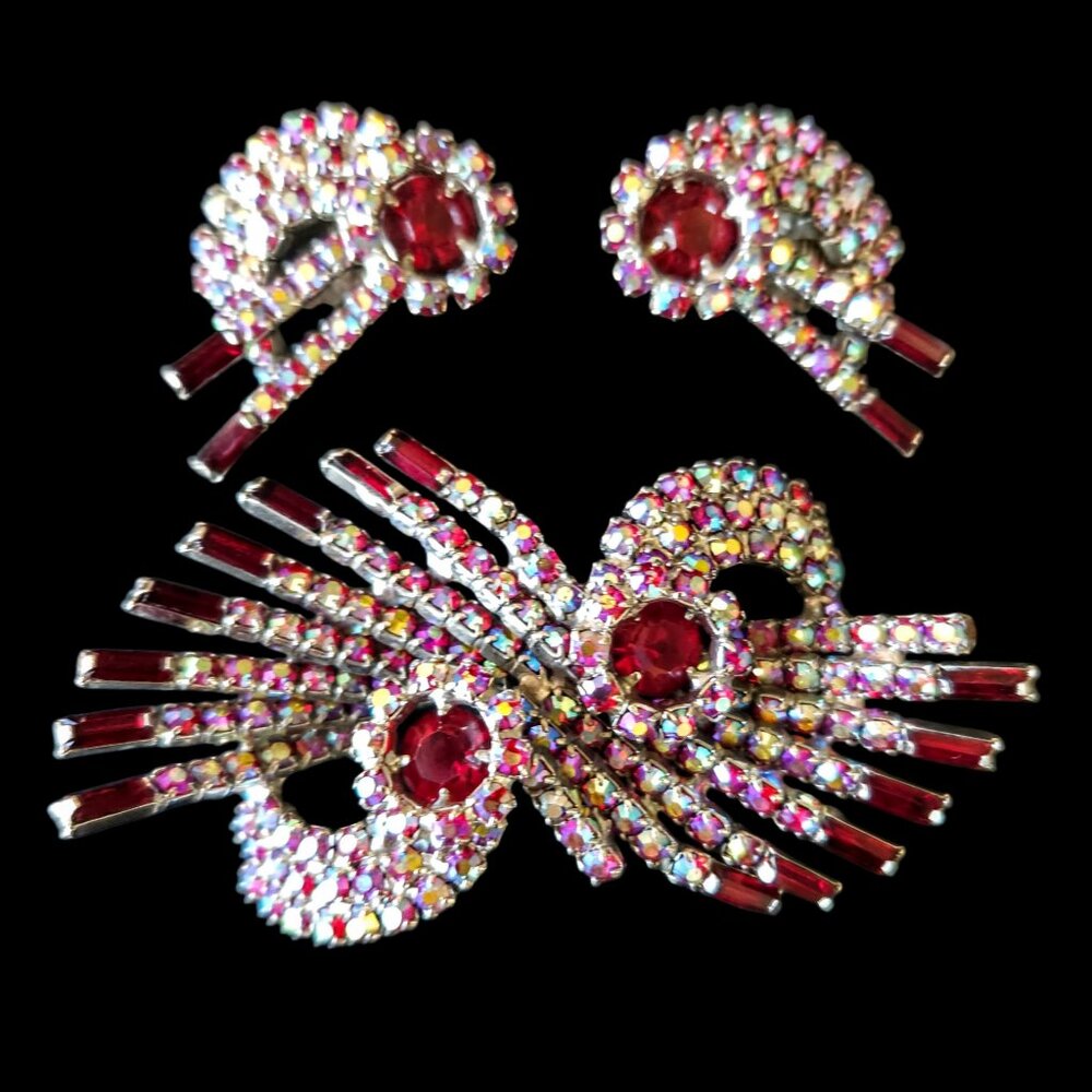 Dazzling Vintage Red and AB Rhinestone Brooch & Earring Set
